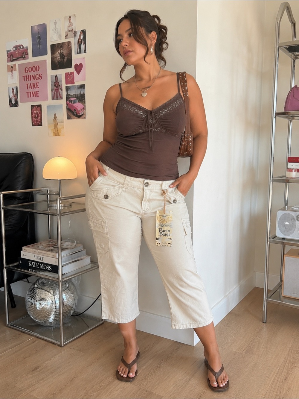 Vintage Y2K 90s Paris Blues khaki Capri Pants Plus‎ size 14 New Minimalist